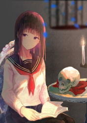Rule 34 | 1girl, :|, absurdres, birdcage, black hair, blue sailor collar, blurry, blurry foreground, book, breasts, cage, candle, chair, closed mouth, commentary request, fire, highres, kayakooooo, light, long hair, long sleeves, looking at viewer, neckerchief, open book, original, purple eyes, red neckerchief, sailor collar, school uniform, serafuku, shirt, sitting, skull, small breasts, solo, straight hair, table, white shirt