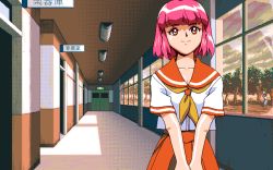 Rule 34 | 1990s (style), 1girl, 2 shot diary 2, game cg, indoors, mai (2 shot diary 2), may-be soft, pc98, pink hair, retro artstyle, school uniform, smile, tagme