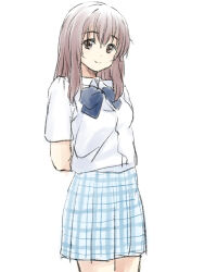 Rule 34 | 1girl, arms behind back, blue bow, blue skirt, bow, brown eyes, brown hair, closed mouth, collared shirt, commentary request, dress shirt, highres, koe no katachi, long hair, mitsuhiro-510-goto, nishimiya shouko, plaid, plaid skirt, pleated skirt, school uniform, shirt, simple background, sketch, skirt, smile, solo, white background, white shirt