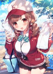 Rule 34 | 1girl, baseball cap, blush, bottle, bow, bowtie, breasts, brown eyes, brown hair, button gap, cowboy shot, hat, highres, jacket, jersey, kat (bu-kunn), large breasts, lens flare, long hair, looking at viewer, miniskirt, open mouth, original, outdoors, pleated skirt, school, shirt, skirt, stopwatch, striped bow, striped bowtie, striped clothes, track jacket, track suit, twintails, watch, water bottle, white shirt