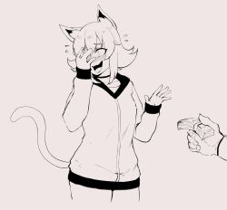Rule 34 | 1girl, animal ear fluff, animal ears, banknote, blush, cat ears, cat tail, choker, covering face, embarrassed, flying sweatdrops, greyscale, highres, holding, holding money, hood, hood down, hoodie, implied prostitution, medium hair, money, monochrome, nyantcha, original, tail, wide-eyed