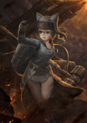 Rule 34 | 1girl, absurdres, ash arms, b-4 (ash arms), backpack, bag, belt, blonde hair, boots, breasts, cleavage, collarbone, dust, fur hat, gloves, green eyes, hair between eyes, hammer, hat, highres, leg up, low twintails, miniskirt, open mouth, red star, running, sgt lonely, short twintails, shoulder strap, skirt, sledgehammer, solo, star (symbol), twintails, ushanka, waist cape, weapon