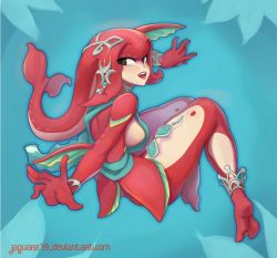 Rule 34 | 1girl, breasts, fins, fish tail, jaguare19, looking at viewer, looking back, mipha, monster girl, nintendo, open mouth, sideboob, smile, solo, tail, the legend of zelda, the legend of zelda: breath of the wild, zora