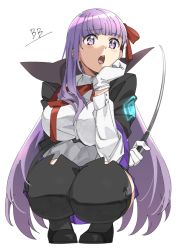 Rule 34 | 1girl, bb (fate), bb (fate/extra), black thighhighs, cloak, fate/extra, fate/grand order, fate (series), foreshortening, gloves, hair ribbon, holding, holding whip, long hair, lunapont, open mouth, purple eyes, purple hair, ribbon, shirt, simple background, solo, squatting, thighhighs, very long hair, whip, white background, white gloves
