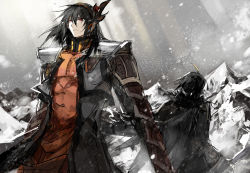 Rule 34 | 2boys, armor, black hair, blonde hair, gaius (tales), gradient background, hair ornament, male focus, manly, mountain, multicolored hair, multiple boys, outdoors, red eyes, serious, sky, snow, starshadowmagician, surcoat, tales of (series), tales of xillia, two-tone hair, wingul (tales)