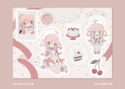 Rule 34 | 1girl, ahoge, apron, between legs, blush stickers, border, bow, bowtie, brown eyes, cake, cake slice, cake stand, cherry, chibi, commentary request, daizu (melon-lemon), detached ahoge, dress, english text, engrish text, floral background, food, fruit, full body, hair between eyes, halo, hand between legs, heart, highres, holding, holding cake, holding food, long hair, looking at viewer, mary janes, multiple views, original, outline, petticoat, pink border, pink dress, pink footwear, pink hair, pink theme, puffy short sleeves, puffy sleeves, ranguage, ribbon, shoes, short dress, short sleeves, sidelocks, sitting, socks, speech bubble, spoken heart, standing, sticker, two side up, wax seal, white apron, white bow, white bowtie, white socks, white wrist cuffs, wrist cuffs
