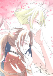 Rule 34 | 1boy, 1girl, aerith gainsborough, bangle, blonde hair, blue shirt, bracelet, brown hair, cherry blossoms, choker, closed eyes, cloud strife, falling petals, final fantasy, final fantasy vii, final fantasy vii rebirth, final fantasy vii remake, hair between eyes, hair ribbon, hand on own face, hand to own mouth, highres, jacket, jewelry, kiiti kagamiike, laughing, light blush, long hair, open mouth, parted bangs, petals, pink petals, pink ribbon, ponytail, profile, red jacket, ribbon, ribbon choker, shirt, short hair, sidelocks, signature, sleeveless, sleeveless shirt, smile, spiked hair, upper body, wavy hair