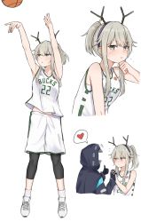 Rule 34 | +++, 1girl, absurdres, ambiguous gender, antlers, arknights, arms up, ball, bare shoulders, basketball, basketball (object), basketball jersey, basketball uniform, bike shorts, blush, breasts, chinese commentary, collarbone, cropped torso, deer antlers, deer girl, doctor (arknights), firewatch (arknights), flying sweatdrops, full body, green eyes, grey hair, hair between eyes, hairband, heart, highres, horns, interlocked fingers, jumping, long hair, looking at another, looking at viewer, mango (mgo), milwaukee bucks, multiple views, national basketball association, nike (company), nose blush, ponytail, shoes, shorts, sidelocks, simple background, small breasts, sneakers, socks, spoken heart, sportswear, sweat, thumbs up, upper body, white background, wiping face