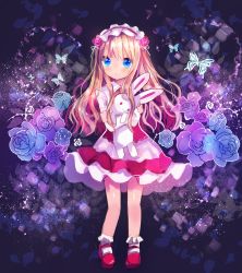 Rule 34 | 1girl, :3, :o, blonde hair, blue eyes, blush, bobby socks, bug, butterfly, closed mouth, collared shirt, commentary request, floral background, frilled hairband, frills, full body, hair between eyes, hairband, highres, insect, kohaku muro, long hair, long sleeves, mary janes, hugging object, original, parted lips, pink footwear, pink hairband, pink skirt, rose background, shirt, shoes, skirt, socks, solo, standing, stuffed animal, stuffed rabbit, stuffed toy, very long hair, white shirt, white socks