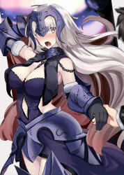 Rule 34 | 1boy, 1girl, arm behind head, bare shoulders, black gloves, blonde hair, blush, breasts, chain, commentary request, elbow gloves, fate/grand order, fate (series), fujimaru ritsuka (male), gloves, highres, holding hands, jeanne d&#039;arc (fate), jeanne d&#039;arc alter (avenger) (fate), jeanne d&#039;arc alter (avenger) (third ascension) (fate), jeanne d&#039;arc alter (fate), large breasts, long hair, navel, ninoude (ninoude44), yellow eyes