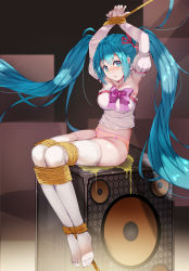 Rule 34 | 1girl, armpits, arms up, bare shoulders, bdsm, blue eyes, blue hair, blush, bondage, bound, bound ankles, bound legs, bound wrists, bow, breasts, collarbone, detached sleeves, embarrassed, female focus, full body, haimei1980, hair ribbon, hatsune miku, highres, legs together, long hair, looking at viewer, medium breasts, nose blush, orange panties, own hands together, panties, peeing, peeing self, puddle, purple bow, red ribbon, ribbon, rope, shirt, sitting, solo, speaker, striped clothes, striped panties, thighhighs, twintails, underwear, very long hair, vocaloid, white shirt, white thighhighs
