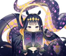Rule 34 | 1girl, animal ears, ao-chan (ninomae ina&#039;nis), black dress, black gloves, black hair, blue eyes, blush, book, commentary, covered mouth, cutout above navel, detached sleeves, dress, english commentary, eyelashes, flat chest, floating, floating book, floating object, flower knot, gloves, glowing, gradient hair, halo, headpiece, hololive, hololive english, long hair, looking at viewer, multicolored hair, ninomae ina&#039;nis, ninomae ina&#039;nis (1st costume), open book, orange hair, pointy ears, rumi (rarumi11), simple background, single sleeve, solo, straight hair, strapless, strapless dress, tentacle hair, tentacles, tube dress, two-tone hair, upper body, very long hair, virtual youtuber, white background