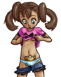 Rule 34 | 10s, 1girl, breasts, brown hair, clothes lift, clothes pull, colorized, creatures (company), dark skin, drawfag, game freak, gen 5 pokemon, green eyes, in panties, joltik, long hair, nintendo, object in clothes, object in panties, panties, pokemon, pokemon (creature), pokemon xy, quad tails, shauna (pokemon), shirt, shirt lift, shorts, shorts pull, small breasts, soubriquetrouge, t-shirt, transparent background, underwear