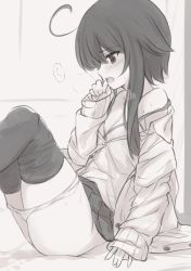Rule 34 | ..., 1girl, ahoge, bare shoulders, blush, bow, bow bra, bra, breasts, cardigan, cleavage, collared shirt, commentary request, dress shirt, fingernails, greyscale, hand up, heavy breathing, long hair, long sleeves, looking away, monochrome, natsuki teru, nose blush, off shoulder, open cardigan, open clothes, open mouth, original, panties, panty pull, pleated skirt, profile, school uniform, shikibe ayaka, shirt, sidelocks, sitting, skirt, sleeves past wrists, small breasts, solo, spoken ellipsis, strap slip, sweat, thighhighs pull, underwear