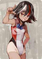 Rule 34 | 1girl, armpit peek, black hair, blue bow, blue neckwear, bow, breasts, brown hair, brown one-piece swimsuit, brown sailor collar, commentary request, covered navel, cowboy shot, fang, grey horns, hair between eyes, hand on own hip, highleg, highleg swimsuit, highres, horns, kijin seija, looking at viewer, multicolored clothes, multicolored hair, multicolored swimsuit, one-piece swimsuit, open mouth, pointing, red eyes, red hair, red one-piece swimsuit, red sailor collar, sailor collar, sailor one-piece swimsuit, short hair, small breasts, smile, smug, solo, streaked hair, swimsuit, tan, tanline, touhou, v-shaped eyebrows, white hair, white one-piece swimsuit, yohane