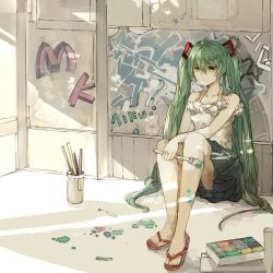 Rule 34 | 1girl, character name, green eyes, green hair, hatsune miku, highres, long hair, matching hair/eyes, paint, paintbrush, sandals, sitting, skirt, solo, twintails, very long hair, vocaloid, xiaohan6th