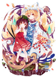 Rule 34 | 2girls, animal ears, animal hat, black footwear, blonde hair, bobby socks, brown hair, cat ears, cat tail, chen, chopsticks, commentary request, food, fox tail, green hat, hand on another&#039;s shoulder, hands on own cheeks, hands on own face, hat, highres, kuromomo, looking at viewer, mob cap, multiple girls, multiple tails, ofuda, orange eyes, red skirt, rope, shoes, short hair, skirt, smile, socks, tabard, tail, tofu, touhou, two tails, white background, white hat, white headwear, white legwear, wide sleeves, yakumo ran