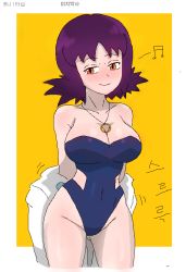 Rule 34 | 1girl, artist request, blue one-piece swimsuit, blush, breasts, creatures (company), curvy, game freak, large breasts, looking at viewer, nintendo, one-piece swimsuit, philena ivy, pokemon, pokemon (anime), pokemon (classic anime), purple hair, shiny skin, smile, spiked hair, swimsuit