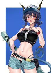 1girl, absurdres, arknights, bangs, bare arms, bare shoulders, baseball cap, bikini, black bikini, blue hair, blue shorts, blush, breasts, ch&#039;en (arknights), commentary request, cowboy shot, dragon horns, dragon tail, female tourist c (arknights), food, hair between eyes, hand on hip, hat, highres, holding, holding food, horns, horns through headwear, kakeru (kakeru), large breasts, long hair, looking at viewer, navel, open fly, open mouth, popsicle, red eyes, short shorts, shorts, solo, standing, stomach, swimsuit, tail, thighs, white headwear