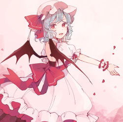 Rule 34 | 1girl, back bow, back cutout, bat wings, blue hair, bow, clothing cutout, commentary request, cowboy shot, dress, fingernails, from behind, hand up, hat, hat ribbon, long fingernails, looking at viewer, looking back, mob cap, mozukuzu (manukedori), nail polish, open mouth, outstretched arm, petals, pink background, pink dress, pink hat, puffy sleeves, red bow, red eyes, red nails, red ribbon, remilia scarlet, ribbon, short hair, smile, solo, touhou, wavy hair, wings, wrist cuffs