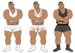 Rule 34 | 1boy, absurdres, bara, beard stubble, black socks, black tank top, boxers, bulge, chinstrap beard, come hither, facial hair, grey hair, head tilt, highres, large pectorals, long sideburns, looking at viewer, male focus, male underwear, mature male, midriff peek, multicolored hair, multiple views, muscular, muscular male, navel, navel hair, pectoral cleavage, pectorals, penis, penis peek, seductive smile, see-through, shirt, short hair, sideburns, smile, socks, standing, stomach, strongman waist, stubble, tank top, thick eyebrows, thick thighs, thighs, two-tone hair, undercut, underwear, undressing, weisun (leoooliooon), wet, wet clothes, wet male underwear, wet shirt, white male underwear, white socks, white tank top