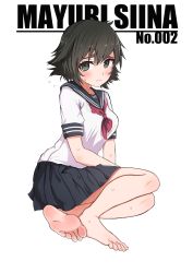 Rule 34 | 1girl, absurdres, bare legs, barefoot, black hair, black skirt, blush, breasts, character name, embarrassed, feet, full body, green eyes, highres, kahlua (artist), looking at viewer, medium breasts, miniskirt, pleated skirt, red neckwear, sailor collar, school uniform, serafuku, shiina mayuri, short hair, short sleeves, simple background, sitting, skirt, soles, solo, steins;gate, sweat, thick eyebrows, toes, wavy mouth, white background