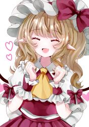 Rule 34 | 1girl, :d, ^ ^, alternate hairstyle, ascot, blonde hair, blunt bangs, blush, bow, clenched hands, closed eyes, commentary, eyelashes, facing viewer, fang, flandre scarlet, frilled shirt collar, frilled wrist cuffs, frills, hair down, hands up, hat, hat bow, heart, highres, jaku sono, long hair, mob cap, open mouth, pointy ears, puffy short sleeves, puffy sleeves, red bow, red skirt, red vest, red wrist cuffs, shirt, short sleeves, sidelocks, signature, simple background, skin fang, skirt, smile, solo, touhou, upper body, vest, wavy hair, white background, white hat, white shirt, wings, wrist cuffs, yellow ascot