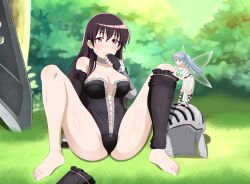 Rule 34 | 2girls, absurdres, achmad faisal, arm armor, arm support, assisted exposure, asymmetrical legwear, bare legs, barefoot, benriya saitou-san isekai ni iku, black gloves, black leotard, blue hair, blush, breasts, brown hair, cleavage, closed mouth, collarbone, dress, elbow gloves, eyebrows, eyelashes, fairy, fairy wings, female focus, fingerless gloves, full body, gloves, grass, hand up, helmet, highres, knees up, lafanpan, large breasts, leaning back, leotard, light blue hair, long hair, looking at viewer, mini person, minigirl, multiple girls, naughty face, on grass, outdoors, pov, raelza (benriya saitou-san), red eyes, scar, scar on face, sitting, spread legs, strapless, strapless leotard, sword, thumb sucking, thumbs up, twintails, undressing another, unworn headwear, unworn helmet, weapon, white dress, wings