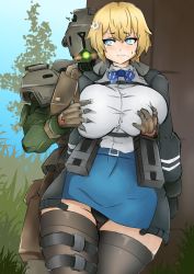 Rule 34 | 1girl, absurdres, ammunition pouch, annoyed, artist request, belt buckle, black coat, black panties, black thighhighs, blonde hair, blue eyes, blue neckwear, blue ribbon, blue skirt, blush, blush stickers, grabbing another&#039;s breast, breasts squeezed together, breasts, buckle, coat, cyclops (girls&#039; frontline), frown, girls&#039; frontline, glowing, glowing eye, grabbing, grass, green light, harness, highres, huge breasts, ammunition pouch, miniskirt, mole, mole under eye, outdoors, panties, pantyshot, pencil skirt, pervert, pouch, ribbon, robot, shirt, short hair, skindentation, skirt, snap-fit buckle, sweat, thick thighs, thigh gap, thigh strap, thighhighs, thighs, tree, underwear, vsk-94 (girls&#039; frontline), white shirt