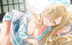 Rule 34 | 1girl, asuna (blue archive), blue archive, blue eyes, blue halo, blush, breasts, cleavage, grin, hair over one eye, halo, haruri, highres, indoors, japanese clothes, kimono, large breasts, light brown hair, long hair, long sleeves, looking at viewer, mole, mole on breast, shouji, signature, sliding doors, smile, solo, white kimono, wide sleeves
