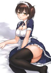 Rule 34 | 1girl, alternate costume, ass, black thighhighs, blue dress, blush, breasts, brown eyes, brown hair, cleavage, collarbone, detached collar, dress, enmaided, fukuroumori, hair between eyes, highres, kaga (kancolle), kantai collection, looking at viewer, lying, maid, maid headdress, medium breasts, no shoes, on side, parted lips, short hair, side ponytail, solo, thighhighs