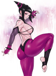Rule 34 | 1girl, ass, black hair, blunt bangs, breasts, feet, fingerless gloves, from side, gloves, gradient background, halterneck, han juri, large breasts, long hair, pink background, sideboob, soles, solo, standing, standing on one leg, street fighter, thighs, toes, white background, zefrableu