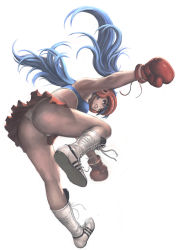 Rule 34 | 1girl, ass, bad id, bad pixiv id, blue eyes, blue hair, boots, boxer, boxing gloves, boxing helmet, kilart, long hair, matching hair/eyes, original, simple background, solo, twintails