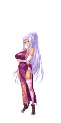 Rule 34 | 1girl, absurdres, bibyo, blue eyes, boots, breasts, china dress, chinese clothes, cleavage, cleavage cutout, clothing cutout, dark skin, dark-skinned female, detached sleeves, dress, female focus, full body, hands on own hips, highres, hikage eiji, koihime musou, kougai, large breasts, light purple hair, long hair, looking at viewer, mole, mole under mouth, official art, pelvic curtain, ponytail, shin koihime musou, sidelocks, silver hair, sleeveless, smile, solo, standing, thighhighs, transparent background, very long hair