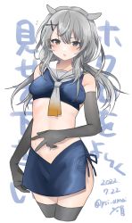 Rule 34 | 1girl, text background, black thighhighs, blue skirt, blush, breasts, crop top, cropped legs, dated, elbow gloves, flying sweatdrops, gloves, grey gloves, grey hair, greyscale, hair ornament, headgear, highres, i-201 (kancolle), kantai collection, long hair, medium breasts, mole, mole on stomach, monochrome, one-hour drawing challenge, parted lips, sailor collar, simple background, skirt, sleeveless, solo, thighhighs, toriniku senshi chikinman, twitter username, white background, white sailor collar, x hair ornament
