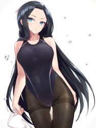 Rule 34 | 1girl, absurdres, air bubble, arms at sides, bare shoulders, black hair, black pantyhose, blue eyes, bow, breasts, bubble, covered navel, forehead, hair bow, highres, hikage (sennen sensou aigis), long hair, looking at viewer, medium breasts, one-piece swimsuit, pantyhose, pantyhose under swimsuit, parted lips, ribbon, sennen sensou aigis, simple background, solo, standing, swimsuit, thighband pantyhose, very long hair, white background, white ribbon, yki