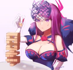 Rule 34 | 1girl, bare shoulders, blue dress, breasts, cleavage, commentary request, criss-cross halter, dress, elbow gloves, fascinator, female focus, fire emblem, fire emblem engage, gloves, halterneck, highres, holding, ivy (fire emblem), jenga, large breasts, long hair, matching hair/eyes, nintendo, off-shoulder dress, off shoulder, purple eyes, purple hair, short sleeves, solo, sweat, twitter username, upper body, white gloves, youhei choregi