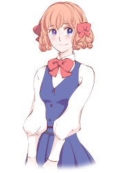 Rule 34 | 1girl, ace wo nerae!, blue eyes, blush, bow, brown hair, curly hair, hair bow, hanabusa rei, long sleeves, pink hair, puffy sleeves, shirt, short hair, smile, solo, touge hiro, vest, white background