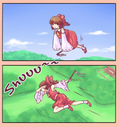 Rule 34 | 1girl, bow, brown eyes, brown hair, comic, dab (dance), floating, frown, hair bow, hair tubes, hakurei reimu, highres, looking at viewer, looking away, red bow, short hair, solo, sound effects, touhou, yoruny