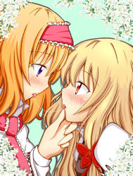 Rule 34 | 2girls, after kiss, aikawa ryou, alice margatroid, blonde hair, blue eyes, blush, brown eyes, eye contact, face-to-face, female focus, hairband, hand on another&#039;s face, hand on own face, highres, kirisame marisa, looking at another, multiple girls, saliva, saliva trail, tongue, tongue out, touhou, yuri