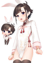 Rule 34 | 1boy, akagi kurage, animal ears, blush, brown hair, bulge, character request, chibi, chibi inset, chinese clothes, crossdressing, fake animal ears, fang, highres, leotard, looking at viewer, male focus, male playboy bunny, multiple views, open mouth, pantyhose, purple eyes, rabbit ears, simple background, skin fang, thighhighs, trap, virtual youtuber, white background
