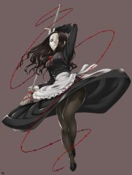 Rule 34 | 1girl, apron, arizuka (catacombe), arm up, barbed wire, black dress, black nails, black pantyhose, breasts, broom, brown hair, dress, female focus, full body, grey background, highres, large breasts, long dress, long hair, looking at viewer, maid, maid apron, nail polish, original, pantyhose, pinky out, purple background, red eyes, simple background, solo, thighband pantyhose, wind, wind lift