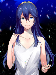 Rule 34 | 1girl, ameno (a meno0), bare arms, blue eyes, blue hair, blurry, blurry background, breasts, collarbone, commentary request, eyelashes, fire emblem, fire emblem awakening, hair between eyes, hand on own shoulder, hand up, long hair, looking at viewer, lucina (fire emblem), nintendo, open hand, shirt, sidelocks, sleeveless, small breasts, smile, snow, solo, tiara, upper body, white shirt
