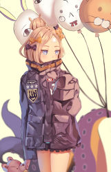 Rule 34 | 1girl, abigail williams (fate), abigail williams (traveling outfit) (fate), balloon, beige background, black bow, black jacket, blonde hair, blue eyes, blurry, blurry background, blush, bow, chovy (arina0908), commentary request, cowboy shot, crossed bandaids, depth of field, fate/grand order, fate (series), fou (fate), hair bow, hair bun, heroic spirit traveling outfit, highres, holding, holding stuffed toy, jacket, long hair, long sleeves, looking away, looking to the side, medjed (fate), official alternate costume, orange bow, parted bangs, polka dot, polka dot bow, simple background, single hair bun, sleeves past fingers, sleeves past wrists, solo, star (symbol), stuffed animal, stuffed toy, suction cups, teddy bear, tentacles