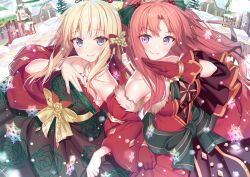 Rule 34 | 2girls, akino (christmas) (princess connect!), akino (princess connect!), akusema, bare shoulders, black bow, blonde hair, blue eyes, blush, bow, breasts, hair bow, hair ornament, highres, jewelry, large breasts, locked arms, long hair, looking at viewer, multiple girls, parted bangs, ponytail, princess connect!, purple eyes, red hair, saren (christmas) (princess connect!), saren (princess connect!), sidelocks, smile, snowing, swimsuit