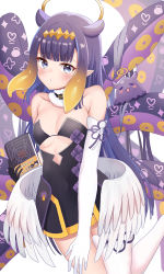 Rule 34 | 1girl, absurdres, alternate breast size, ao-chan (ninomae ina&#039;nis), asymmetrical gloves, bare shoulders, black dress, black gloves, black ribbon, blunt bangs, blush, breasts, cleavage, cowboy shot, cutout above navel, dress, fur-trimmed collar, fur collar, fur trim, gloves, gradient hair, halo, highres, hololive, hololive english, leg up, long hair, looking at viewer, low wings, multicolored hair, neck ribbon, ninomae ina&#039;nis, onabe no shime, orange hair, pinafore dress, pleated dress, pointy ears, pouty lips, purple eyes, purple hair, ribbon, short dress, sidelocks, single thighhigh, sleeveless, sleeveless dress, solo, strapless, strapless dress, takodachi (ninomae ina&#039;nis), tentacle hair, tentacles, thighhighs, tube dress, underboob, uneven gloves, very long hair, virtual youtuber, white thighhighs, wings