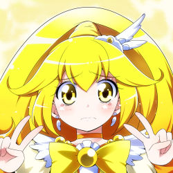 Rule 34 | 10s, 1girl, blonde hair, bow, cure peace, double v, eyelashes, frown, hair flaps, kiku hitomoji, kise yayoi, magical girl, ponytail, portrait, precure, smile precure!, solo, tears, v, wavy mouth, wide ponytail, yellow background, yellow bow, yellow eyes, yellow theme