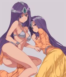Rule 34 | 2girls, armor, ass, bikini, bikini armor, bikini top only, breasts, choker, circlet, cleavage, commentary request, dancer, dancer&#039;s costume (dq), dark skin, dark-skinned female, dragon quest, dragon quest iv, earrings, grey background, hair ornament, highres, jewelry, kneepits, legs, loincloth, long hair, looking at viewer, lying, manya (dq4), matching hair/eyes, minea (dq4), multiple girls, on side, orange panties, orange shirt, panties, purple eyes, purple hair, shirt, siblings, simple background, sisters, skirt, smile, sumaki shungo, swimsuit, thighs, twins, underwear, very long hair, yellow skirt