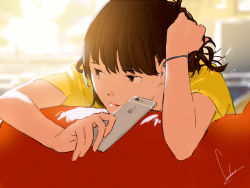 Rule 34 | 1girl, blurry, blurry background, brown hair, cellphone, closed mouth, commentary request, couch, depth of field, hand up, highres, holding, holding phone, indoors, iphone, looking away, looking to the side, loundraw, original, phone, shirt, short sleeves, signature, smartphone, solo, wristband, yellow shirt