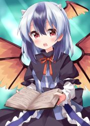 Rule 34 | 1girl, blush, book, dress, head wings, highres, holding, holding book, horns, long sleeves, multicolored hair, one-hour drawing challenge, open book, open mouth, puffy sleeves, red eyes, red wings, ruu (tksymkw), silver hair, single head wing, sitting, solo, tokiko (touhou), touhou, two-tone hair, wings